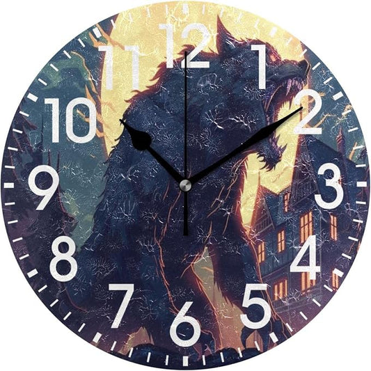 ALAZA Home Decor Wolf Moon House Round Acrylic 9.84 Inch Wall Clock Non Ticking Silent Clock Art for Living Room Kitchen Bedroom