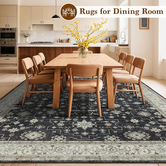 LBRO2M Machine Washable Rug Soft Pet Friendly Carpet 9X12 Black | Vintage Rug 9X12 for Living Room, Bedroom, Dining Room, Home Office, Non Slip Carpet, Foldable Stain Resistant Rugs