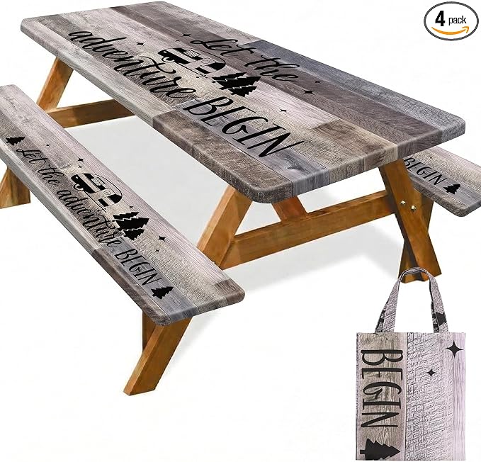 Picnic Table Cover with Bench Covers Elastic Edges Camping Essentials 4 Pcs Wood Grain Brown Waterproof Oil-Proof Tablecloth with Handbag for RV Accessories Farmhouse Camping Rustic Party Decor 72 IN