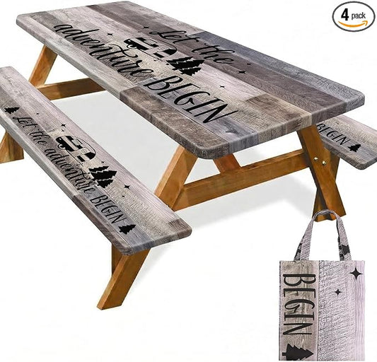 Picnic Table Cover with Bench Covers Elastic Edges Camping Essentials 4 Pcs Wood Grain Brown Waterproof Oil-Proof Tablecloth with Handbag for RV Accessories Farmhouse Camping Rustic Party Decor 72 IN