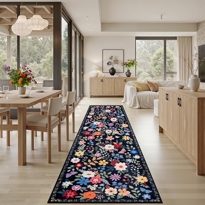 PLHXFR 2.6x10 Washable Runner Rug：Floral Indoor Kitchen Soft Carpet Black | For Hallway Bedroom Kitchen Laundry Bathroom Dorm,Vintage Floral,Machine washable,Non Slip,Stain Resistant,Indoor Floor