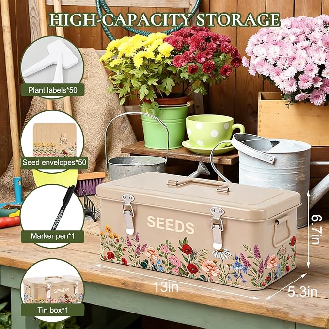 JarThenaAMCS Spring Wildflower Metal Seed Storage Organizer 4 Dividers Vintage Floral Metal Seed Saving Box with 50 Kraft Seeds Envelopes 50 Blank Plant Label Stakes 1 Marker Pen for Home Garden