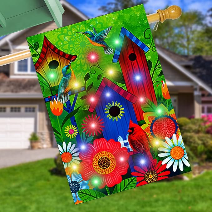 Welcome Lighted birds house large garden flags 28X40 double sided solar | lawn home spring decoration,Vibrant colors, soft polyester