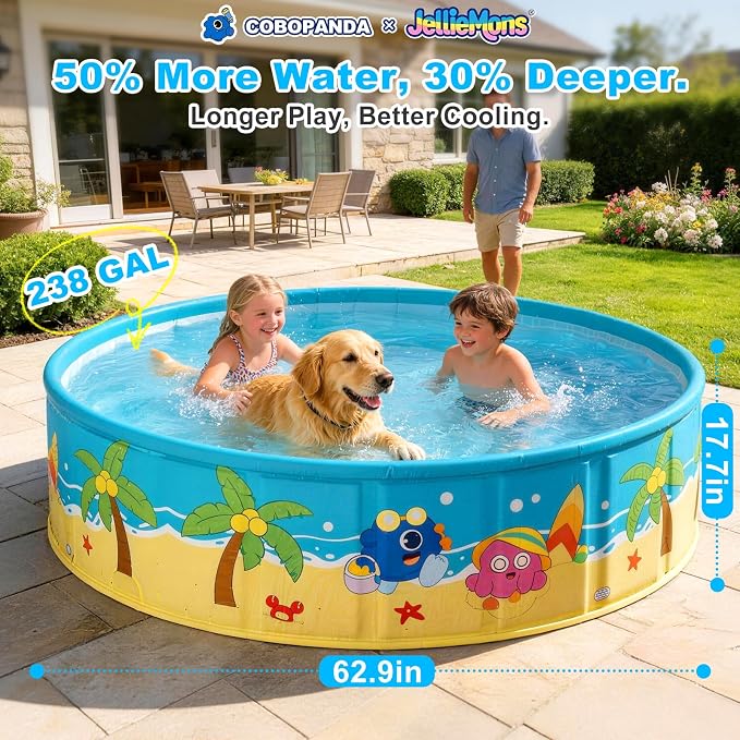 Foldable Kids Pool Hard Plastic Collapsible Deep Kiddie Pool, Small Toddler Pools for Swimming, Backyard Dog Pool (JellieMons 62.9"x17.7")