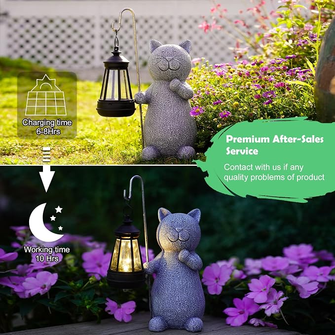 Qeeman Solar Cat for Garden Decor: Weatherproof Resin Statues | Warm Glow Lantern Outdoor Decoractions for Yard Pathway Patio Porch Balcony Front, Gifts for Mom Grandma Lovers