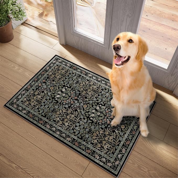 Floral Entryway Rug, 2x3 Kitchen Rugs Non Slip Washable Traditional Design Vintage Floral, Soft Door Mat Indoor Entrance, Ultra-Thin Easy Clean Small Throw Carpet for Bedroom Bathroom