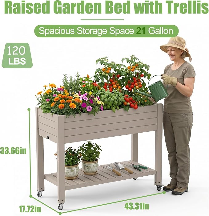 EFU Raised Garden Beds Outdoor, with Wheels for Mobility, Extra Storage Shelf, Water Level Monitoring, 21 Gallon Planter Raised Beds for Vegetables, Herbs, Fruits, Backyard, Patio, Balcony (Grey)