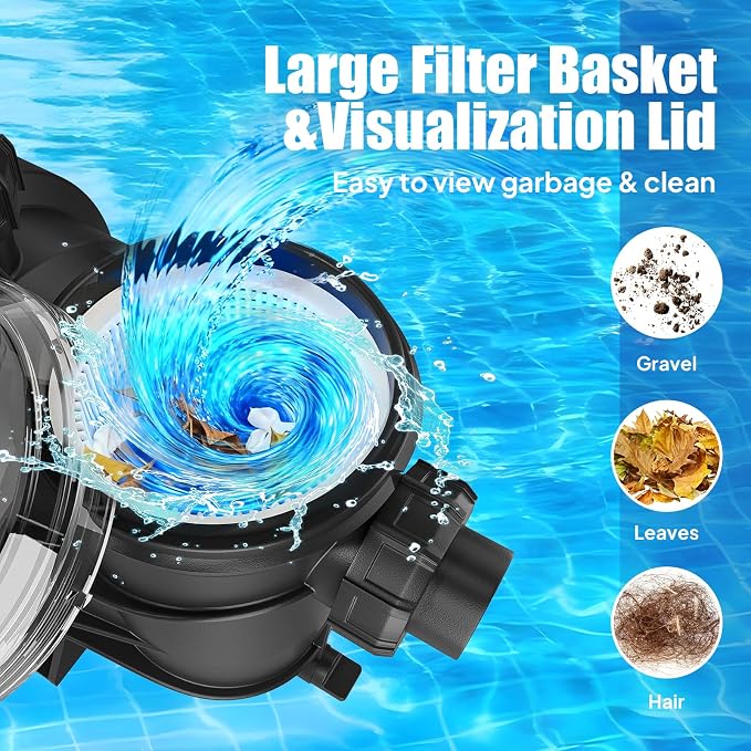 VINGLI 1.5 HP 6075 GPH Pool Pump, 110V Single Speed Self Priming Swimming Pool Pump, Powerful Copper Motor Water Circulation Pump with Filter Basket for Above Ground Pools Spas, US Plug
