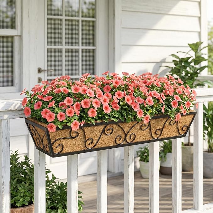 Y&M 30x7 Inch Black Outdoor Rectangular Window Box Planter - Rust Resistant Steel, Plastic Coated - Perfect for Railings, Walls, or Window Sills - Includes Coco Coir Liner