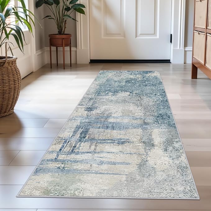 Modern Abstract Runner Rug 2x5: Washable Non Slip Hallway Runner Blue | for Entryway, Kitchen - Soft Low-Pile Carpet with Rubber Backing, Throw Rugs for High Traffic Areas 2x5 Blue