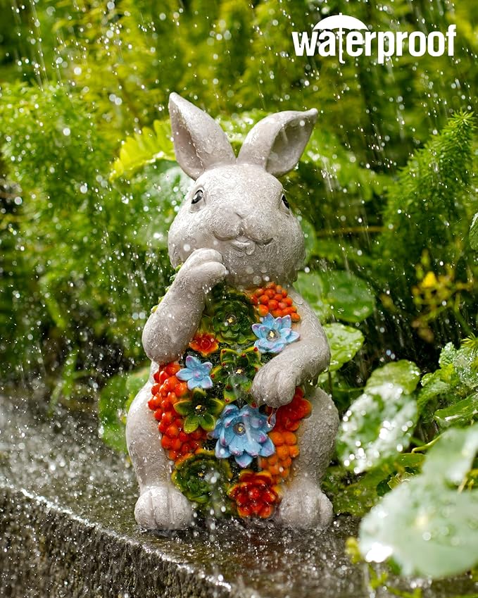 Solar Garden Outdoor Statues Bunny with Succulent | 7 LED Lights, Lawn Decor Statue for Patio, Balcony, Yard Ornament, Gifts for Mom Grandma Women