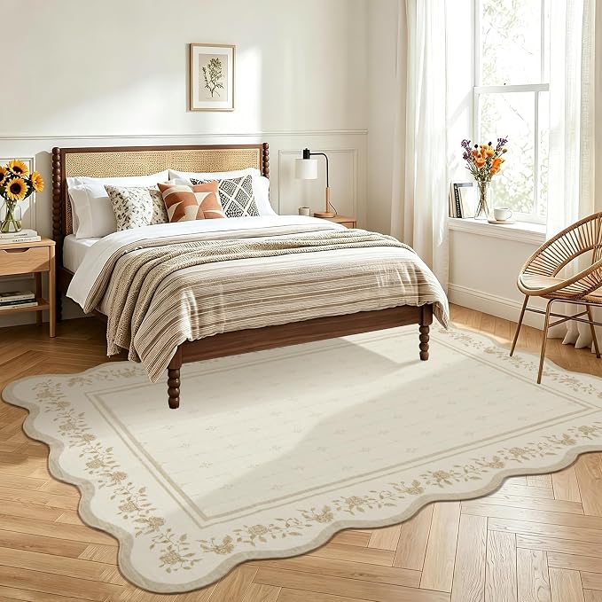 Garvee Large Area Rug Washable 10x13 Scalloped Floral Living Room Rug Ivory | Soft Non Slip Low Pile Indoor Carpet Stain Resistant Modern Bordered Accent Carpet for Bedroom Nursery Kids Room Office
