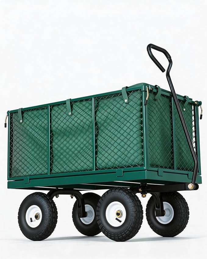 GarveeTech 800LBS Heavy Duty Steel Garden Cart, Garden Wagon Cart on Wheels, Metal Yard Utility Wagon with Removable Mesh Sides, 10" All Terrain Tires, 180° Rotating Handle for Lawn, Garden, Farm