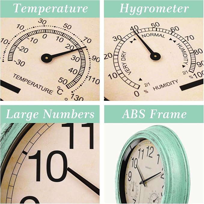 VIKMARI Indoor Outdoor Sealed Glass Clock Waterproof Silent Classic Quartz Clocks Thermometer and Hygrometer Combo Battery Operated Wall Clocks for Bathroom Patio Pool Wall Decor (12 Inch,Teal Green)