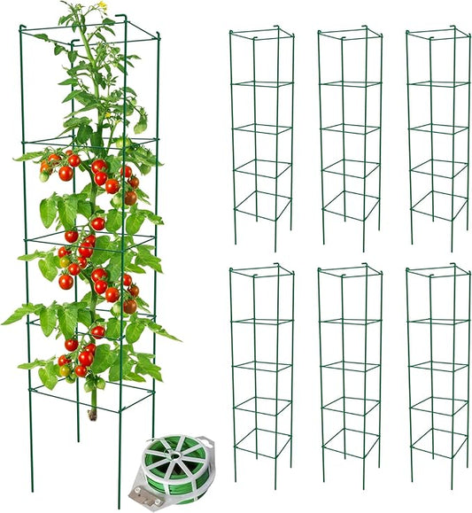 Thealyn Tomato Cages 6 Packs 57 Inches (H) Plant Stand with 164 Feet Twist Ties, Heavy Duty Garden Plants Support for Tomatoes, Cucumber, and Other Climbing Plants (Green)