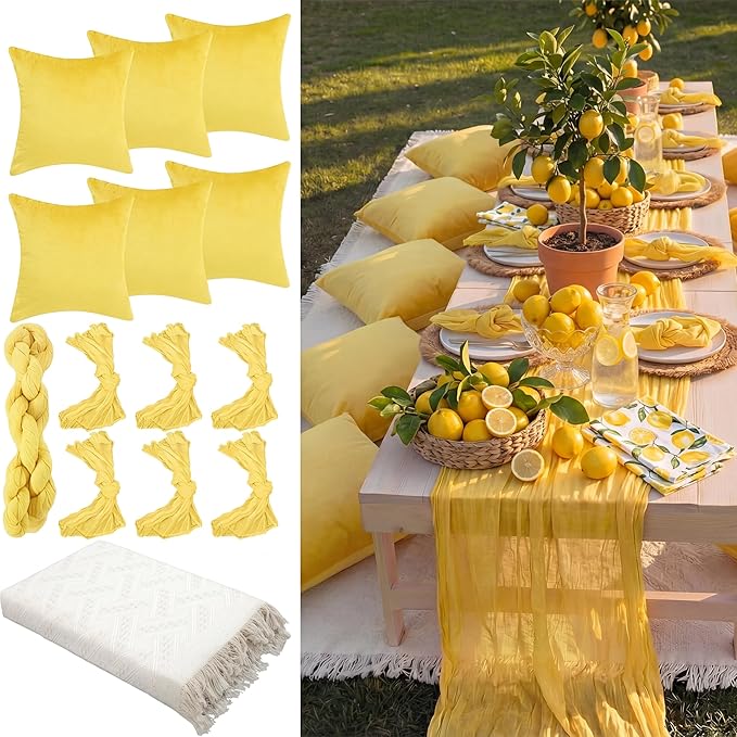 Beeveer 14 Pack Picnic Kit 91x71 Extra Large Outdoor Boho Picnic Blanket with Yellow Table Runner, 6 Throw Pillow Covers 6 Napkin Woven Cotton Yarn Oversize Washable Beach Blanket for Camp Wedding