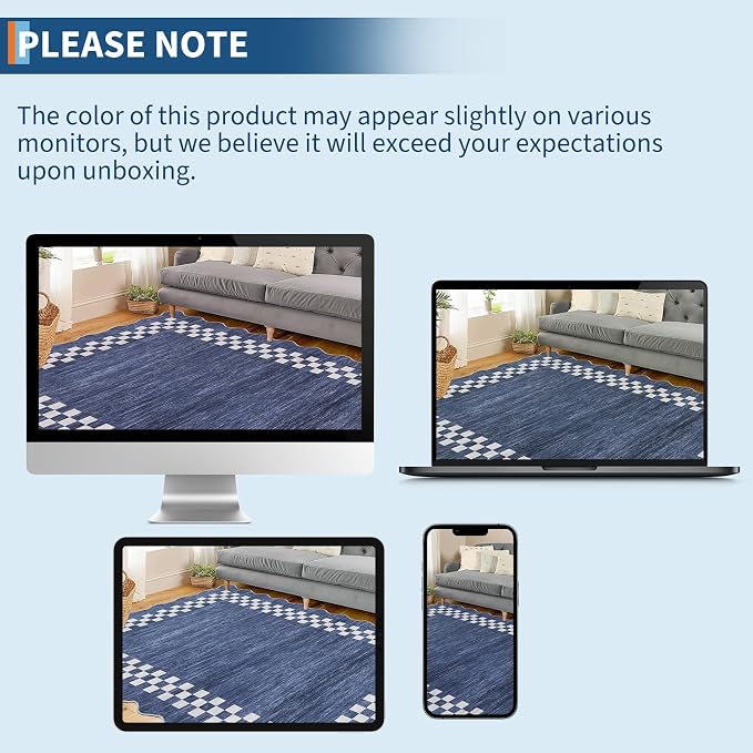 GarveeHome Washable Rug 5x7 for Living Room Large Bedroom Scalloped Rug | Non Slip Stain Resistant Modern Border Throw Carpet Soft Neutral Rug for Dining Room Nursery Home Office, Blue