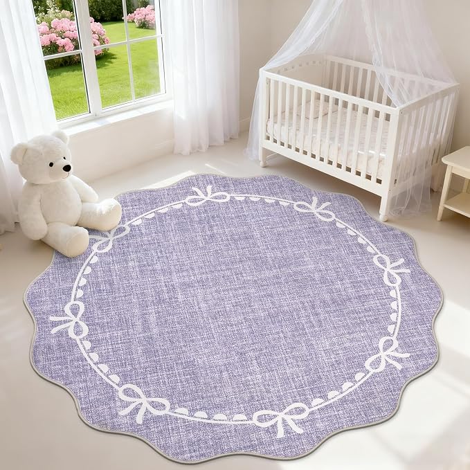 GarveeHome 5ft Round Rugs Washable Scalloped Bow Rug for Bedroom, Purple | Non Slip Soft Low Pile Ultra-Thin Stain Resistant Indoor Carpet for Living Room Nursery Girls Dorm Decor Kids Room Playroom
