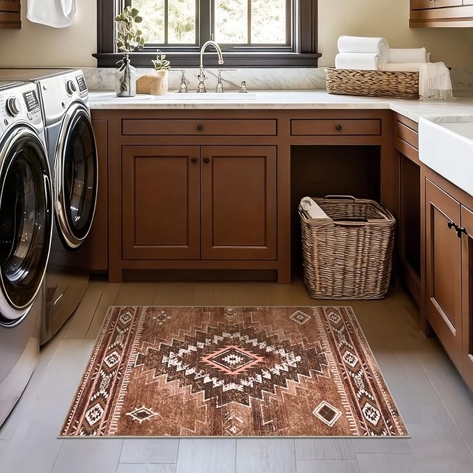 Yinhua Western 2x3 Rug Non-Slip, Aztec Entryway Area Rug Washable | Moroccan Lightweight Door Rugs Low-Pile, Brown Small Rugs with Rubber Backing for Porch Kitchen Bedside