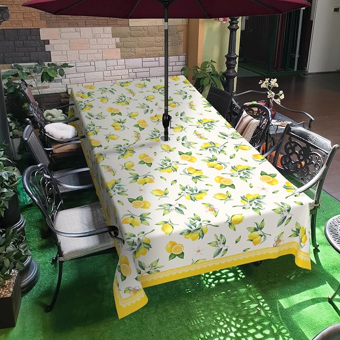 Lemon Outdoor Tablecloth with Umbrella Hole 60" x 120" Waterproof Zipper Table Cloth for Garden - Ideal Patio Table Cover for Picnics, Camping, and Yard Use