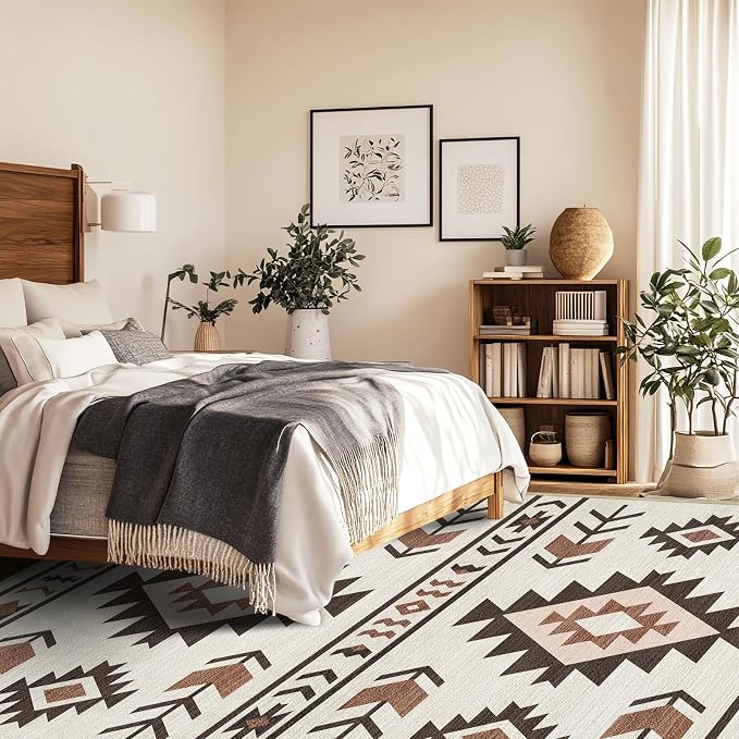 8x10 Area Rug for Living Room Western Rug Southwestern Aztec Tribal Rugs Southwest Navajo Machine Washable Non-Slip Printed Low-Pile Floor Carpet for Bedroom Dining Room Office, Beige