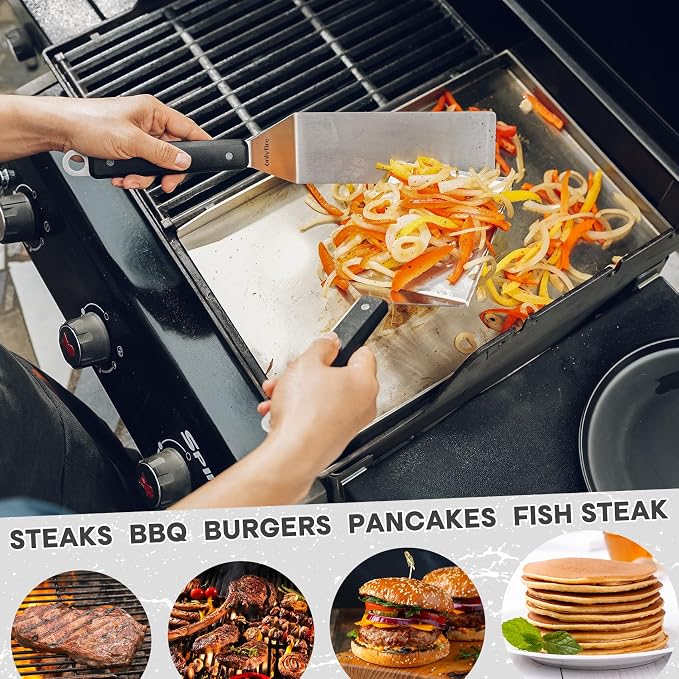 onlyfire BBQ Spatula Set for Camping/Backyard BBQ - Heavy Duty Stainless Steel Griddle Accessories Kit with Enlarged Spatula, Scraper and Long Spatula - Set of 3