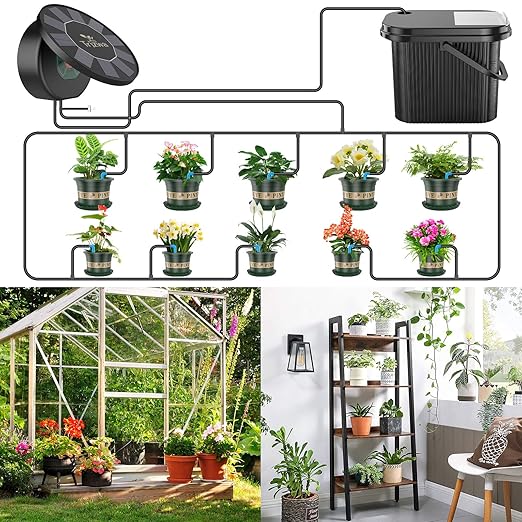 Solar Drip Irrigation System Kit,TRJZWA Solar Powered Auto Plant Watering Device with 10 Pack Plastic Plant Pots(4.5’/6’) & 3.5 Gallons Handy Bucket for Carry