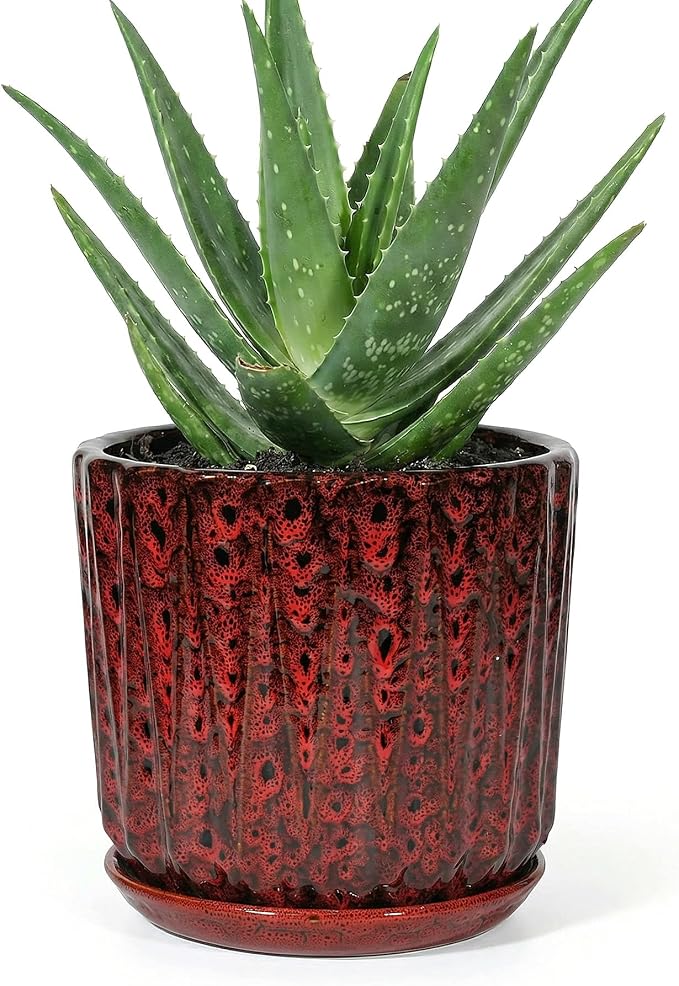 7.5 Inch Ceramic Planter Pot with Saucer Drainage Leak-Proof Mesh,Flower Pots for Indoor Plants with Gardening Gloves,Ceramic Planter(Spotted Red)