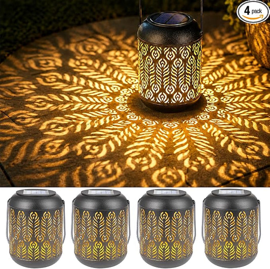 LeiDrail Solar Lanterns Outdoor Waterproof, 4 Pack Hanging Solar Lanterns with Feather Pattern, Metal Decorative Garden Lights, Warm White LED Solar Lights for Patio Yard Table Pathway Party Decor