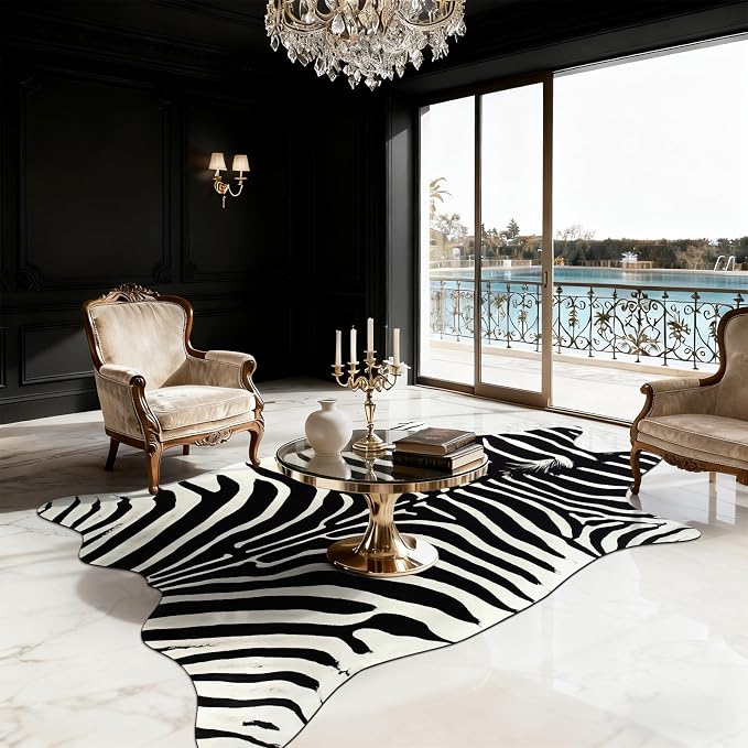 BENRON Zebra Rug, Animal Print Rug for Living Room Bedroom 4.6x5.2ft | Western Faux Zebra Print Rug, Animal Skin Carpets, Non-Slip Throw Rug for Home Decor, Black and White, Ivory