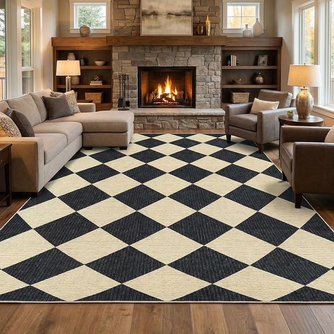 GarveeHome Area Rugs 8x10 for Living Room Black Checkered Washable Rug | Modern Geometric Farmhouse Carpet Soft Low Pile Non Slip Diamond Floor Mat Plaid Print Throw Rug for Dining Room Playroom
