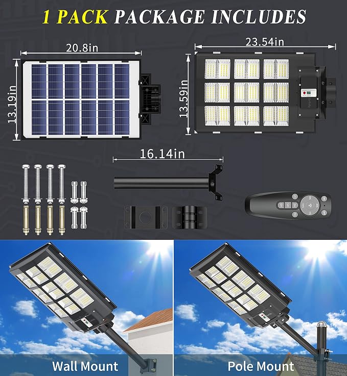 Gefolly SL-3600W Solar Street Lights Outdoor, 360000LM Commercial Parking Lot Light, 6500K Dusk to Dawn IP67 Security Flood Lights Motion Sensor Led Lamp for Basketball Court, Road, Yard