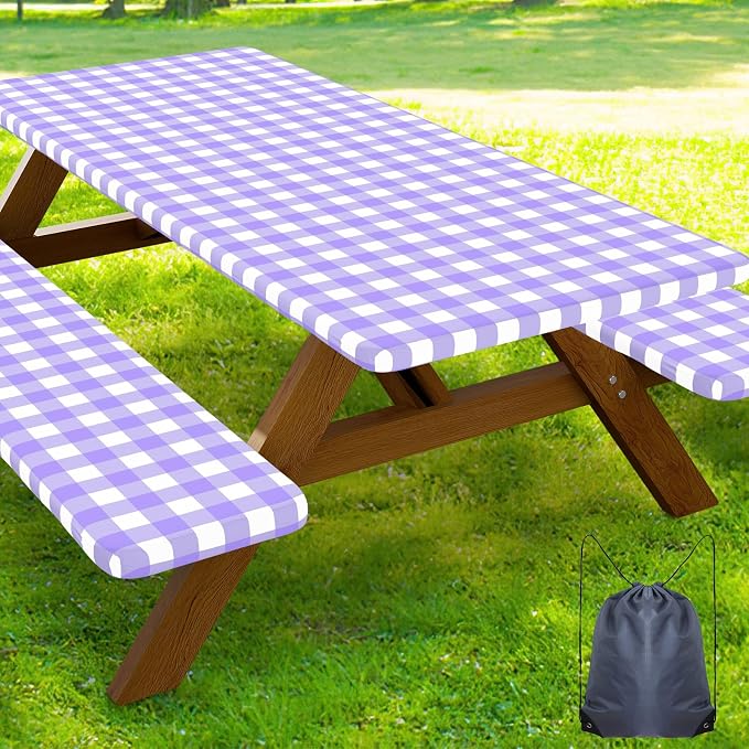 Smiry Picnic Table Cover with Bench Covers, Waterproof Elastic Fitted Tablecloths for 6 Foot Rectangle Tables, Washable Buffalo Plaid Tablecloth for Camping, Outdoor (Purple & White, 30"x72")