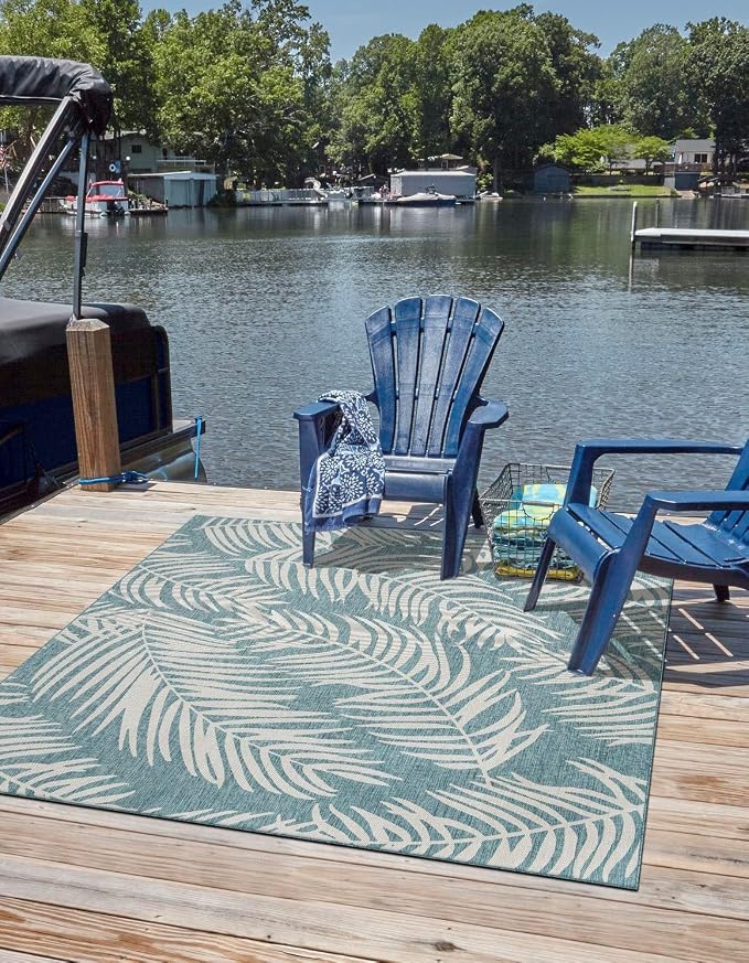Unique Loom Outdoor Botanical Collection Area Rug - Palm (6' 1" Square Light Aqua/Ivory)