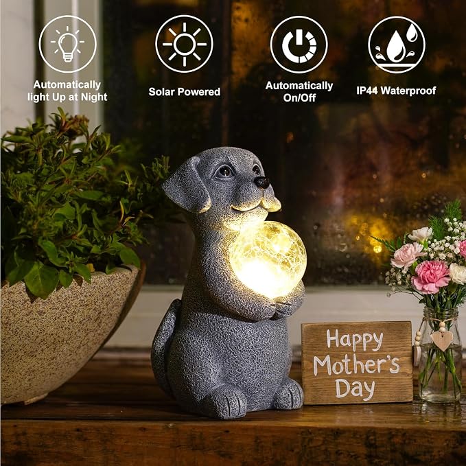 Dog Garden Statues - 8.4 Resin Dog Decor LED Lights | Outdoor Garden Decor for Lawn Porch Yard - Unique Dog Gifts for Mom Grandma