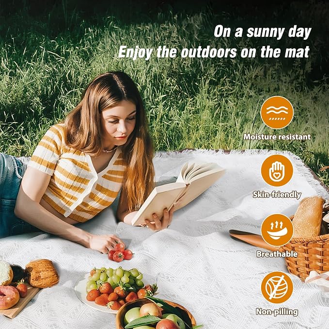 2-in-1 White Picnic Blanket, Extra-Large Waterproof Picnic Mat,Outdoor Blanket for Camping, Beach, Park,Portable Double-Layer Design (71"x71",T-Grid)