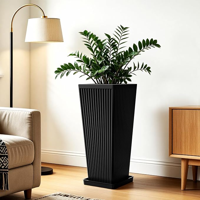 Square Tall Planters for Outdoor Plants Set of 2 - Fluted Large Outdoor Planters for Porch with Tray Saucers and Drainage Holes, Tapered Tall Indoor Flower Pots for Patio Garden, Black