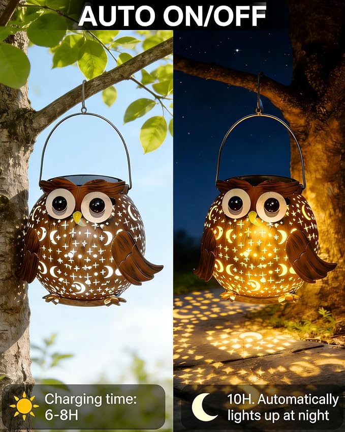 Solar Lights Outdoor Owl Garden Decor, Solar Lanterns Outdoor Waterproof Metal Hanging Lantern Solar Garden Lights for Outside Patio Yard, Lawn, Porch, Backyard Decoration