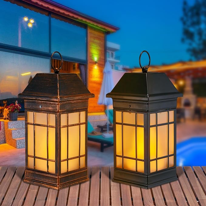 15.5" Solar Lantern Outdoor Waterproof, Glass Flickering Flame Solar Lanterns, Hanging Metal Lantern Decorative for Patio Front Porch Garden Backyard Tabletop Party Decoration