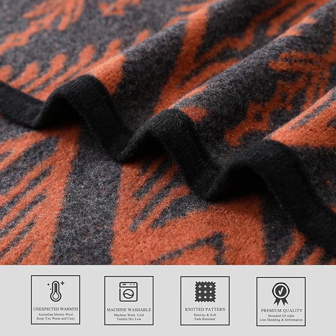 PuTian Merino Wool Blanket - 4 lbs Warm, Thick, Washable, Large 87" x 63" Throw for Outdoors, Camping, Couch, Bed, Travel - Super Soft - Bohemia Orange