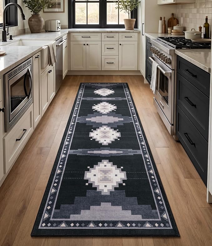 YIHOUSE 2'x6' Washable Hallway Runner Rug, Black and Grey Western Aztec Rug | Non-Slip, Low Pile, Soft, Tribal Geometric Design, for Entryway Kitchen Boy Bedroom, Stain Resistant, Pet Friendly