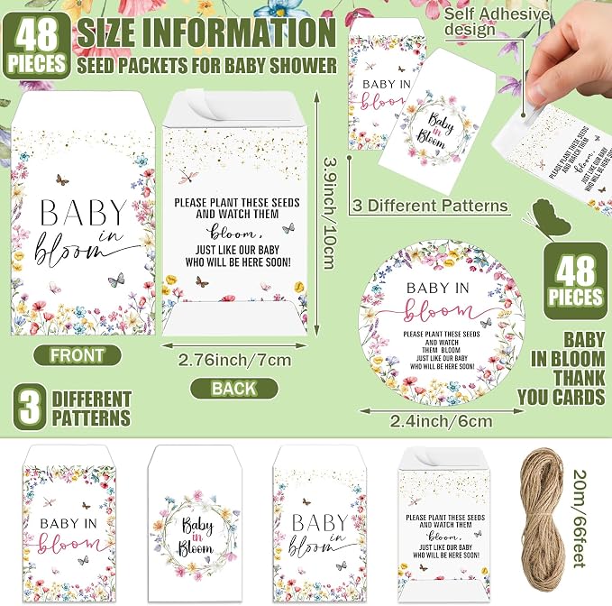 Reallnaive Baby Shower Party Favors Baby in Bloom Envelopes Seed Packets Include 96 Mini Terracotta Pots Seed Packets 96 Self Adhesive Envelopes Thank You Tags for Party(96 Pcs, Wildflower)