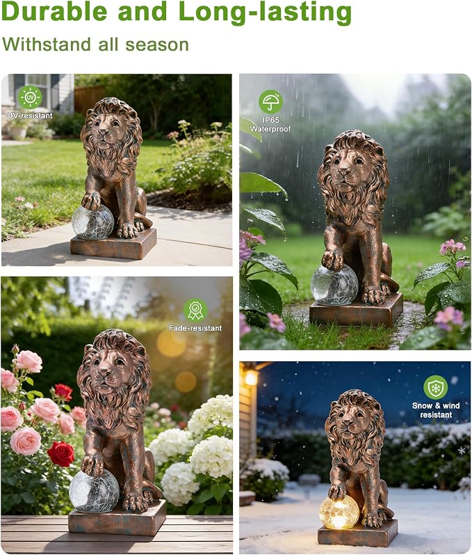 Guardian Lion Outdoor Statues for Garden with Solar Ball (Copper) | 9.45in IP65 Waterproof,Outside Decor, Yard Art Lawn Ornaments, Porch Patio Balcony Home House, Gifts for Mom Grandma Women