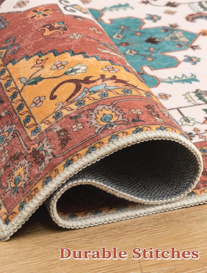 SERISSA 2x6 Washable Non Slip Boho Runner Rug for Hallway，Orange | Ultra Soft Vintage Oriental Carpet Low-Pile Distressed Tribal Floor Carpet for Kitchen Bedroom Bathroom Laundry Living Room