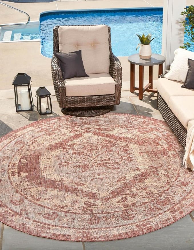 Unique Loom Outdoor Traditional Collection Area Rug - Valeria (4' 1" Round, Rust Red/ Ivory)