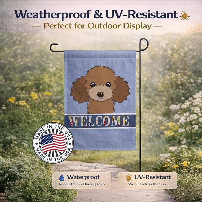 Caroline's Treasures BB1442GF Chocolate Brown Poodle Welcome Garden Flag, Blue Mailbox Flag Decorative Yard Flag Banner Outside Patio Artwork Yard Flower Beds, Garden Size, Multicolor