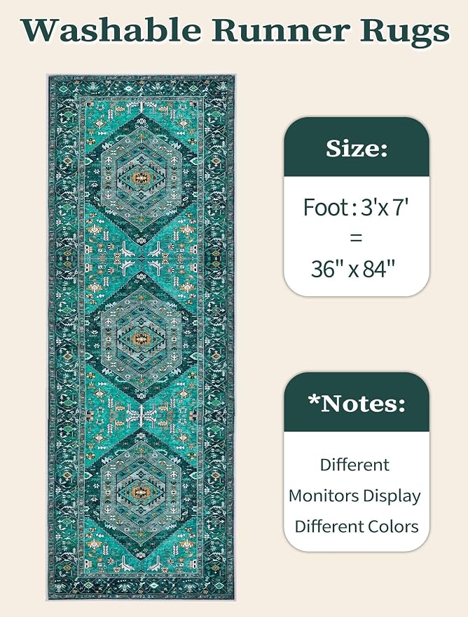 SERISSA 3x7 Washable Non Slip Boho Runner Rug for Hallway，Teal | Ultra Soft Vintage Oriental Carpet Low-Pile Distressed Tribal Floor Carpet for Kitchen Bedroom Entryway Laundry Room