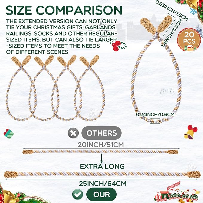 Zhengmy 20 Pcs 25 Inch Extra Long Christmas Garland Ties Christmas Decorative Twist Ties for Banister Reusable Flexible Twist for Holiday Xmas Home Decorations Craft Wrapping (Gold Silver White)