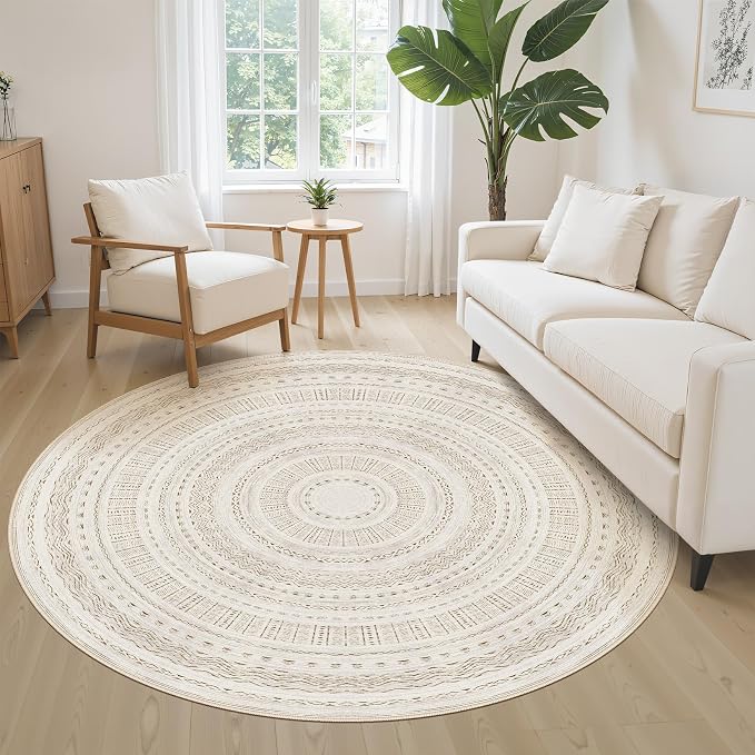 cotiled 5x5 Round Rug 5ft Circle Living Room Boho Area Rugs | Solve Modern Neutral Trendy Home Decor - Washable Foldable Indoor Carpet for Dining Bedroom Entryway Home Office Brown Cream