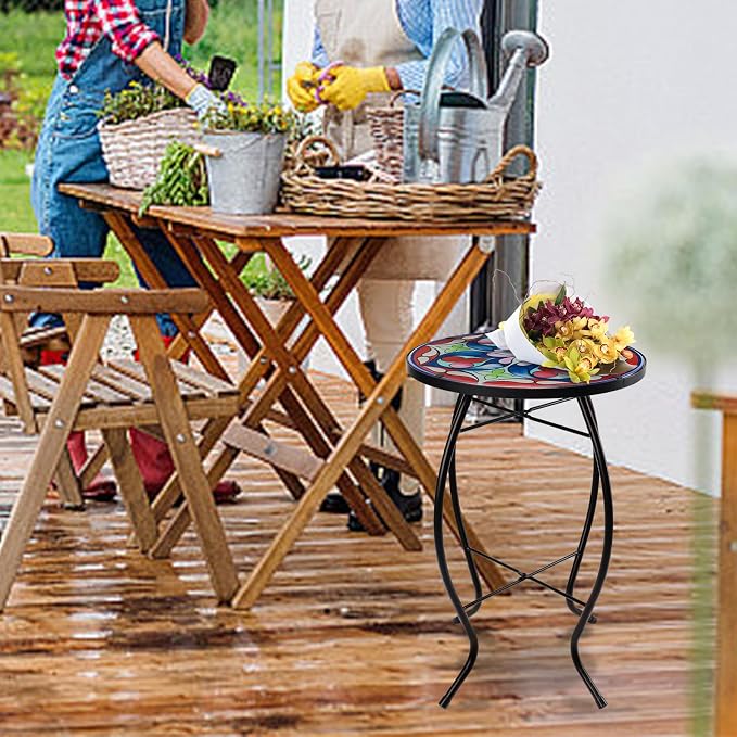 MUMTOP Side Patio Tables-Mosaic Outdoor Side Table - 14’’ Symmetrical Pattern Glass Accent Round End Table, Plant Stand Indoor Small Coffee Table for Garden or Living Room Decor